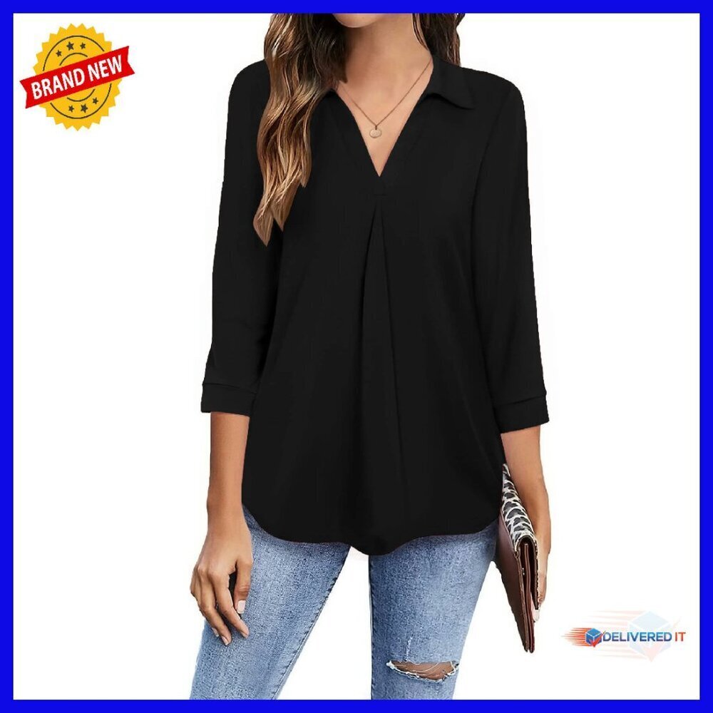 Women's 3/4 Sleeve V-Neck Blouse Loose Fit Business Casual Top